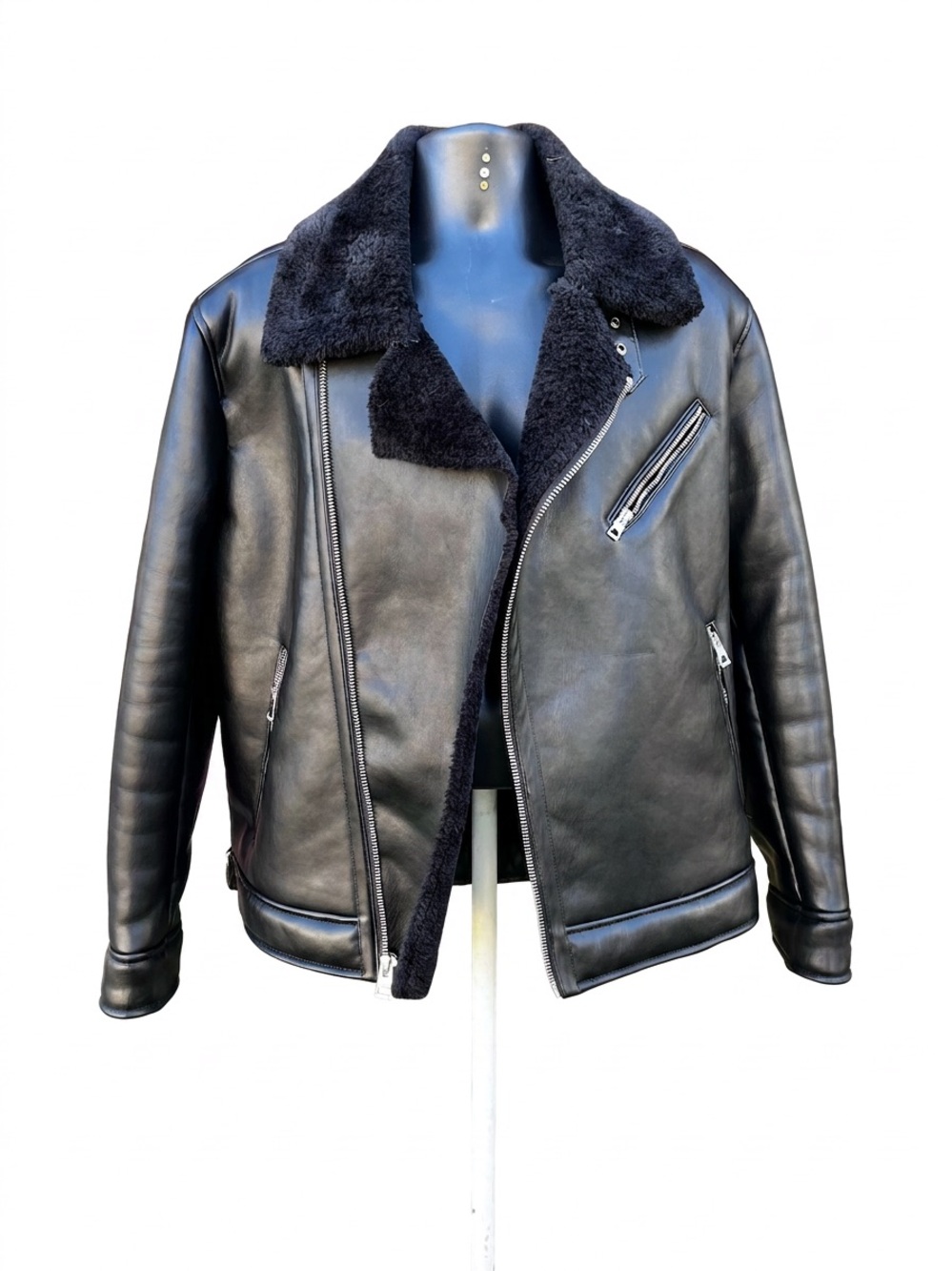 Guess Black Leather Shearling-Lined Bomber Jacket